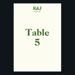 Einfache moderne Hochzeitkarte für Monogram-Tischn Tischnummer<br><div class="desc">Erstellen Sie Tischnummern mit Ihren gewünschten Monogrammen und dem gewünschten Datum. Sehr heller Gelbton mit grünem Schriftart. Einfach, modern ansprechend. Perfekt mit den Hochzeitsartikeln der Romantic Tree Design Kollektion. Fügen Sie Ihr Paar Monogramm, das Datum der Hochzeit und die Tischnummer. Verwenden Sie die Vorlage, um Ihre eigene Hochzeitskarte zu erstellen....</div>