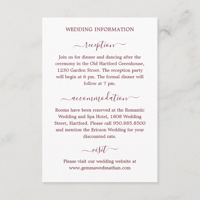 Einfache, moderne Kalligrafie Burgundy Wedding Det Begleitkarte (Vorderseite)