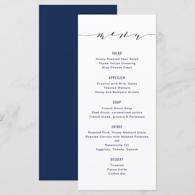 Einfache moderne Kalligrafie Navy Blue Menu Menükarte (Vorne/Hinten)