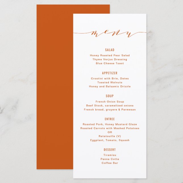 Einfache moderne Kalligrafie Orange Menu Menükarte (Vorne/Hinten)