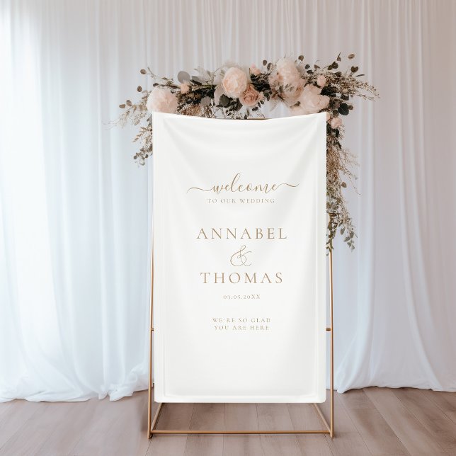 Einfache moderne Kalligrafie "Welcome" Hochzeit Banner (Simple, Modern, Elegant, Calligraphy, White "Welcome" Wedding Banner.)