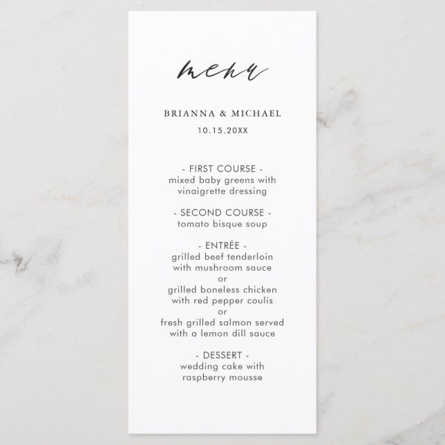 Einfache moderne kalligraphische Hochzeitmenü Menükarte (Vorderseite)