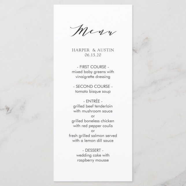 Einfache moderne kalligraphische Hochzeitmenü Menükarte (Vorderseite)