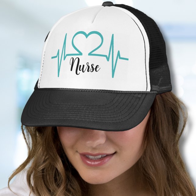 Einfache moderne Krankenpflege Truckerkappe (Teal Blue Modern Heart Beat EKG Line Medical Nurse Trucker Hat)