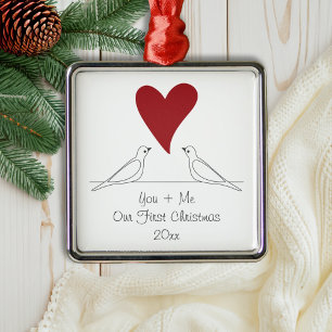Einfache moderne Liebesvögel rotes Herz Weihnachte Ornament Aus Metall