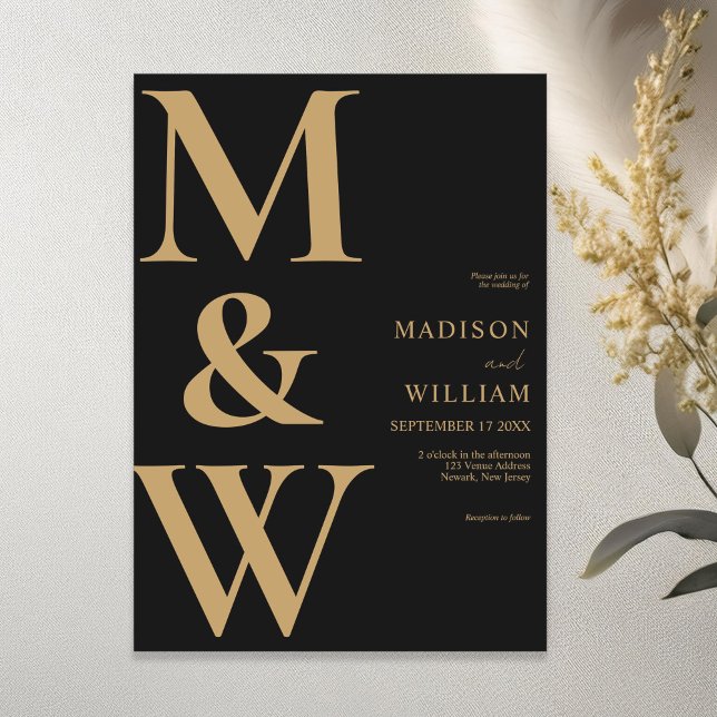 Einfache moderne Monogram Black and Tan Wedding Einladung (Von Creator hochgeladen)