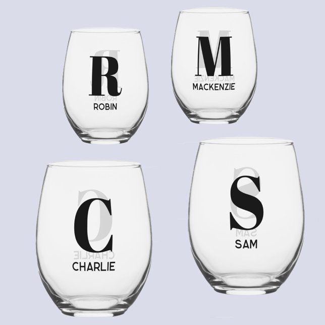 Einfache moderne Monogramm Anfangsname Personalisi Weinglas Ohne Stiel (Monogram initial name personalized modern stemless wine glasses)