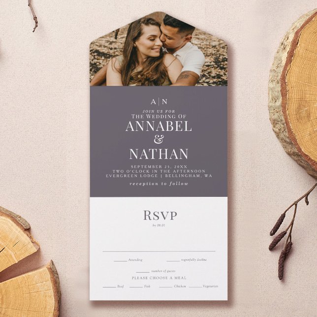 Einfache moderne Monogramm & Foto Grau All In One Einladung (Von Creator hochgeladen)