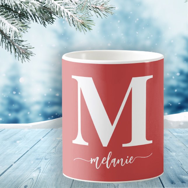 Einfache moderne monogramm-rote weiße Tasse (Personalize with Your Monogram Initial & Name in Stylish Hand Lettered Script)