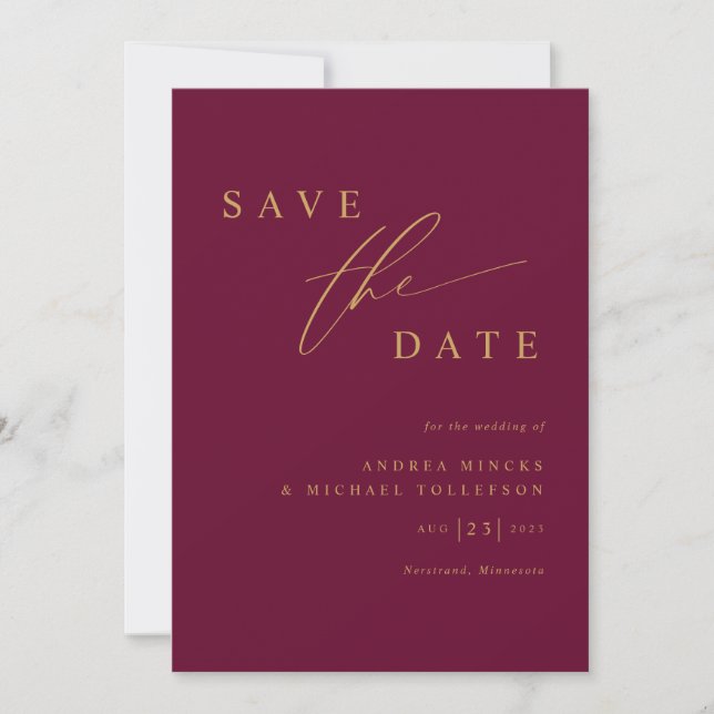 Einfache moderne Mulberry Wine and Gold Wedding Save The Date (Vorderseite)