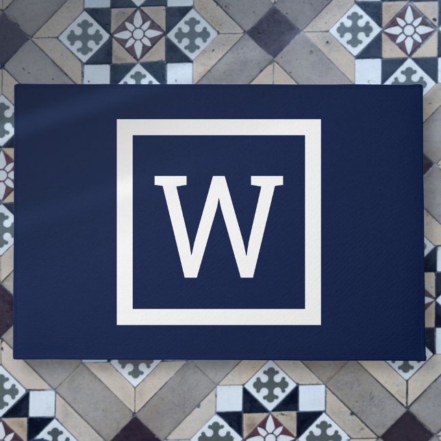 Einfache moderne Navy Blue Graphic Border Monogram Fußmatte (Simple Modern Navy Blue Graphic Border Monogram Doormat)