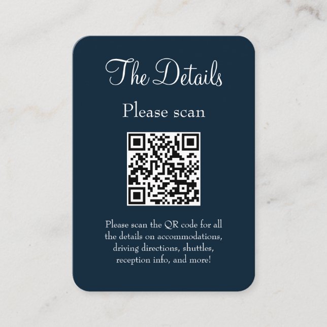 Einfache, moderne Navy Blue Wedding Details QR Cod Begleitkarte (Vorderseite)
