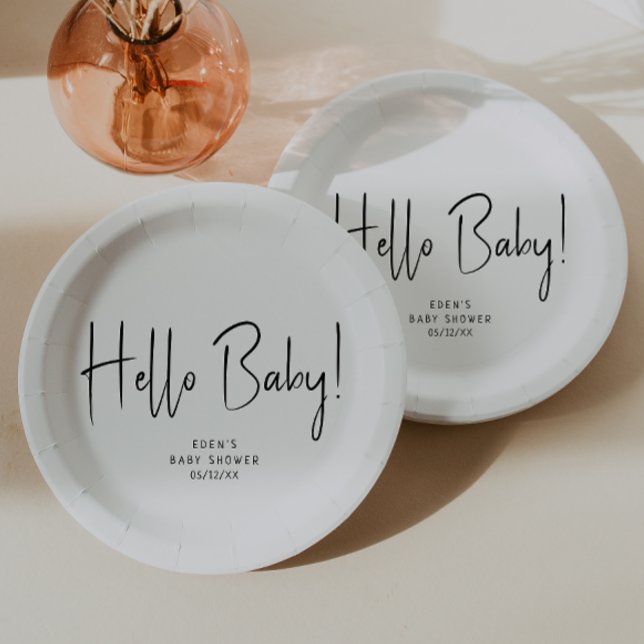Einfache moderne Neutral Hello Baby! Babyparty Pappteller (Von Creator hochgeladen)