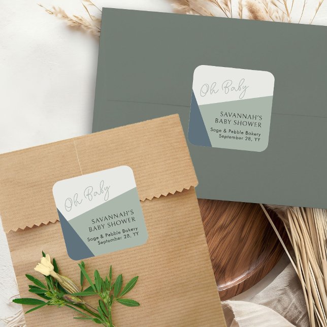 Einfache moderne Oh Baby Script Sage Green Tricolo Quadratischer Aufkleber (Oh Baby stickers from my Tricolor Baby Shower Collection)