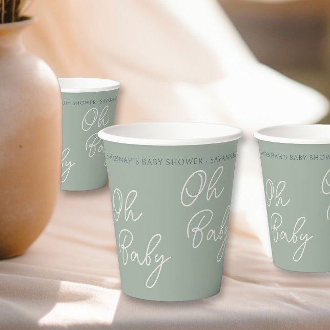 Einfache moderne Oh Baby Script-Sage Grüne Dusche Pappbecher (Oh Baby paper cups from my Tricolor Baby Shower Collection)