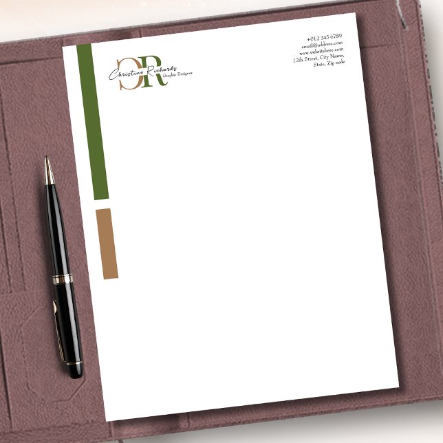 Einfache, moderne Olive Green Gold Monogram Briefbogen (Von Creator hochgeladen)