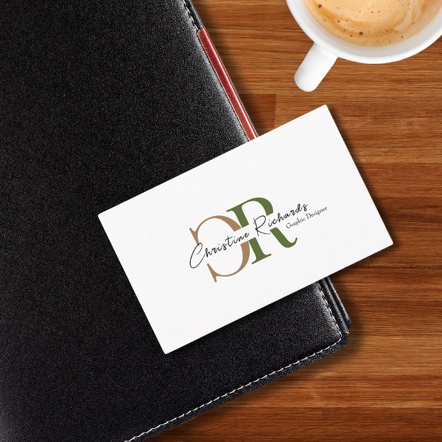 Einfache, moderne Olive Green Gold Monogram Visitenkarte (Von Creator hochgeladen)
