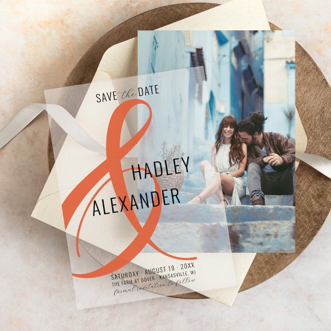 Einfache moderne ORANGE Overlay-Hochzeit speichern (Modern burnt orange Italian sunset ampersand wedding save the date vellum overlay for photo underlay)