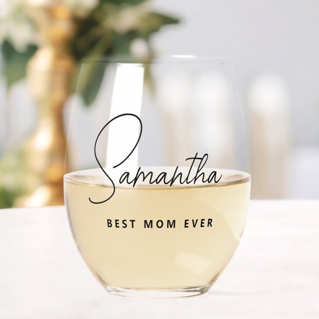 Einfache moderne Personalisierte Mama je Weinglas Ohne Stiel (Personalized Best Mom Ever Wine Glass, Mother's Day Gift, Mama Mother, Script, Simple Modern Chic)