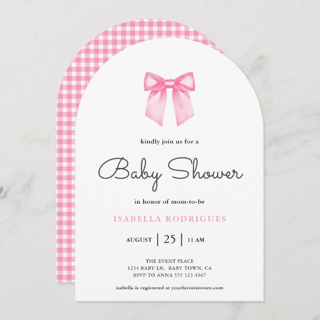 Einfache, moderne Pink Bow Baby Dusche Einladung (Vorne/Hinten)
