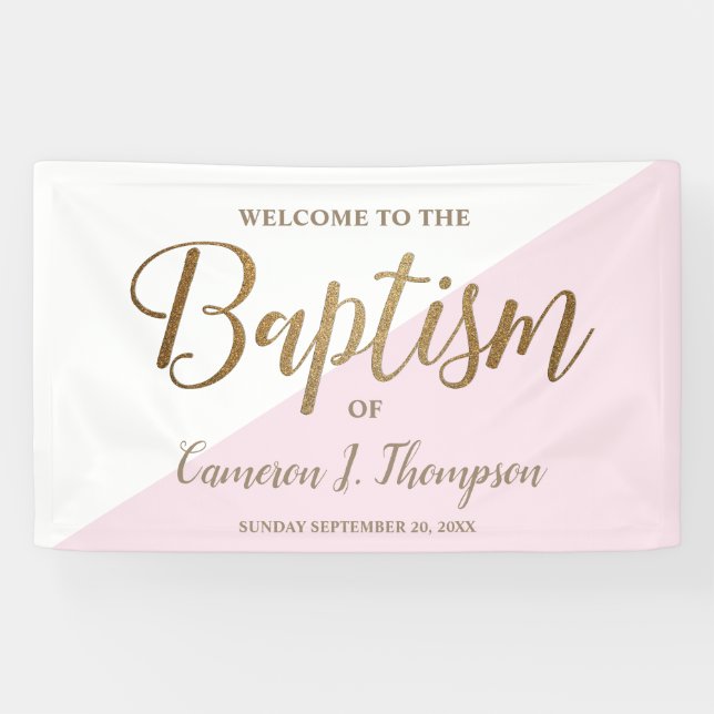 Einfache moderne Pink Gold Script Baby Taufe Banner (Horizontal)