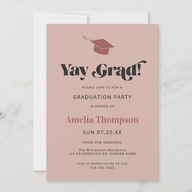 Einfache moderne, rosa Grad Cap Party Abschluss Einladung (Vorderseite)