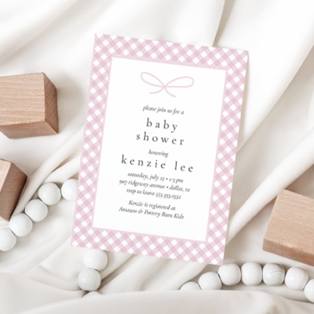 Einfache moderne, rosa Karierte Bow Baby Dusche Einladung (Von Creator hochgeladen)