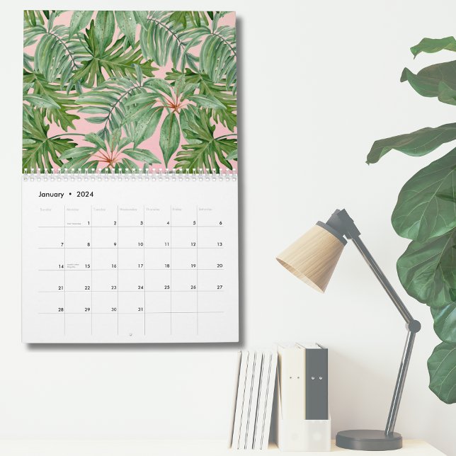 Einfache, moderne, rosa Palm tropische Blätter Wal Kalender (Simple Modern Pink Palm Leaf Tropical Floral Wall Calendar)