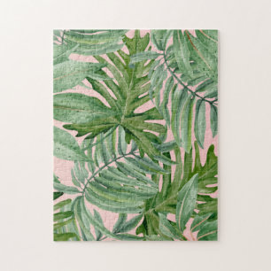 Einfache, moderne, rosa Palmblätterblätter tropisc Puzzle