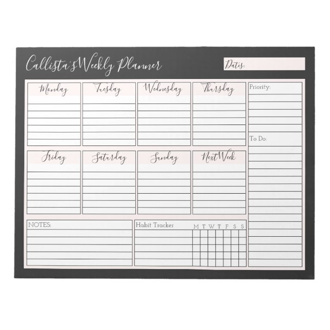 Einfache, moderne rosa Schwarz Weekly Custom Plane Notizblock (Vorderseite)