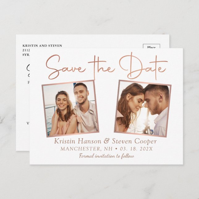 Einfache moderne Rose Gold 2 Foto Save the Date Postkarte (Vorne/Hinten)
