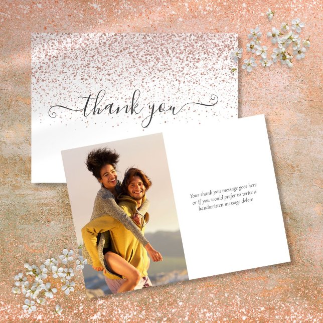 Einfache moderne Rose Gold Glitzer Script Foto Dankeskarte (Simple Modern Rose Gold Glitter Script Photo Thank You Card)