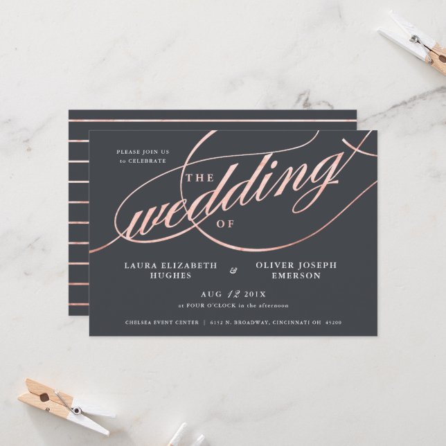 Einfache moderne Rose Gold Script Hochzeit Einladung (Vorderseite/Rückseite Beispiel)