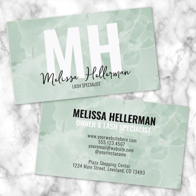 Einfache, moderne Sage Green Monogram Visitenkarte (Modern Minimal Watercolor Sage Green Monogram Business Card)