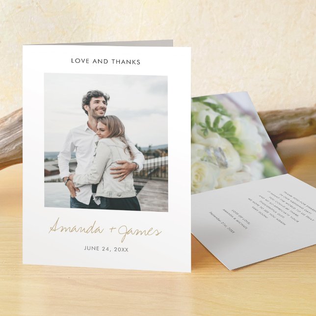 Einfache moderne Schwarz-Gold-Foto-Hochzeit Dankeskarte (Von Creator hochgeladen)