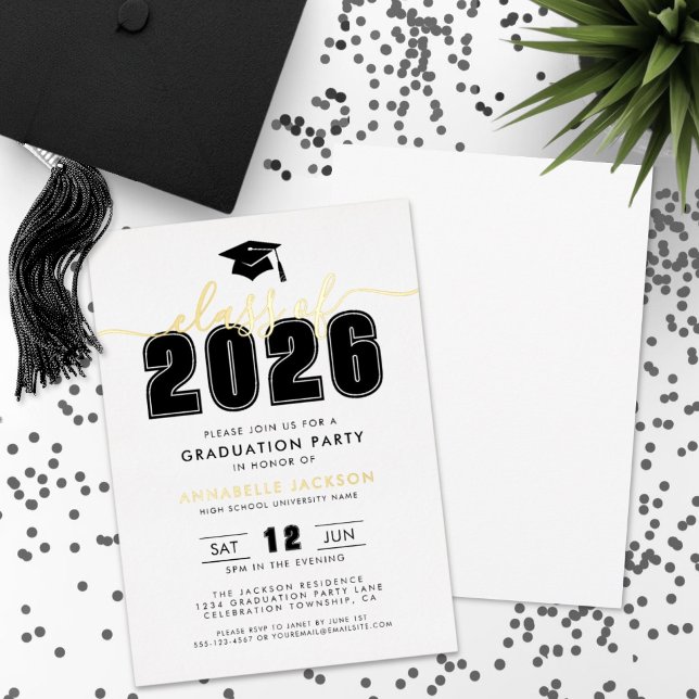 Einfache moderne Schwarz-weiß Graduierungspartei G Folieneinladung (Simple Modern Black White Graduation Party Gold Foil Invitation )