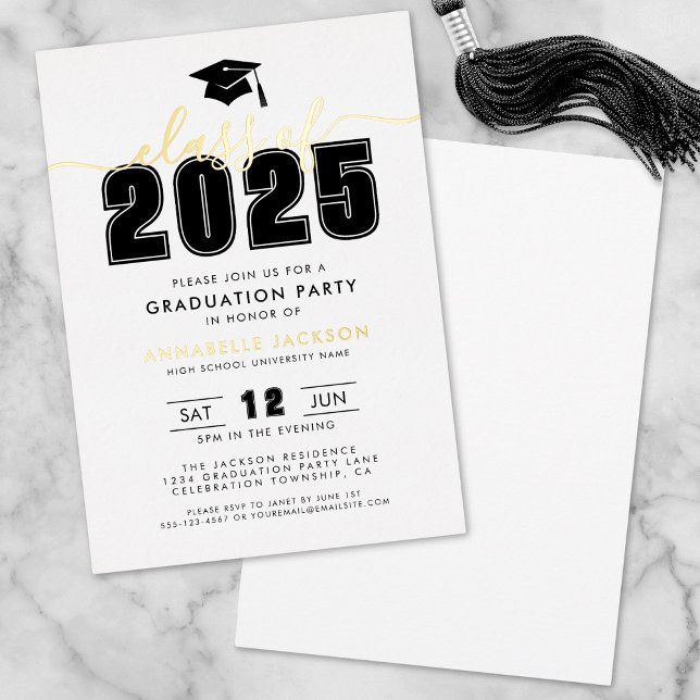 Einfache moderne Schwarz-weiß Graduierungspartei G Folieneinladung (Simple Modern Black White Graduation Party Gold Foil Invitation )