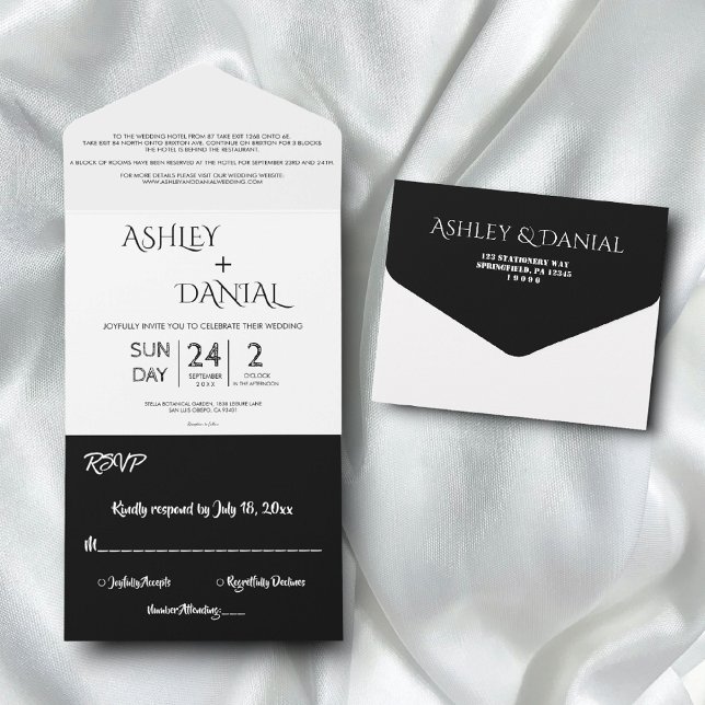 Einfache moderne Schwarz-Weiß-Kalligrafie-Hochzeit All In One Einladung (Von Creator hochgeladen)