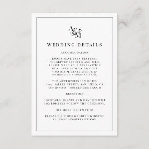Einfache, moderne Schwarz-weiße Monogramm-Hochzeit Begleitkarte