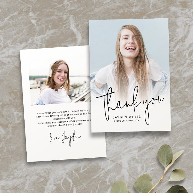 Einfache moderne Script 2 Foto Abschluss Dankeskarte (Simple Modern Script 2 Photo Graduation Thank You Card)