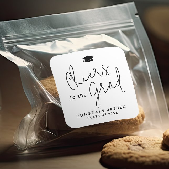 Einfache moderne Script Cheers Graduate Quadratischer Aufkleber (Simple Modern Script Cheers Graduate Square Sticker)