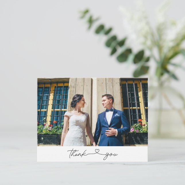 Einfache moderne Script-Foto Hochzeit Vielen Dank Postkarte (Stehend Vorderseite)