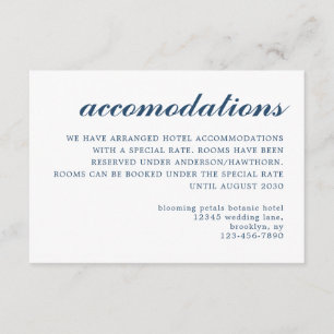Einfache moderne Script Hochzeitsunterkunft Blau Begleitkarte