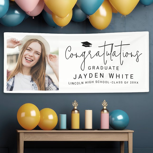 Einfache Moderne Skript-Foto-Graduierungspartei Banner (Simple Modern Script Photo Graduation Party Banner)