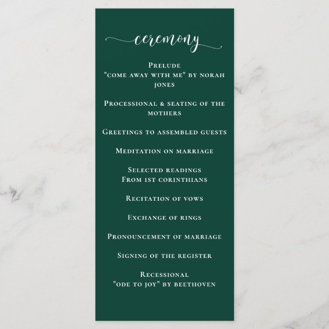 Einfache moderne Smarald Green Wedding Programm (Vorderseite)
