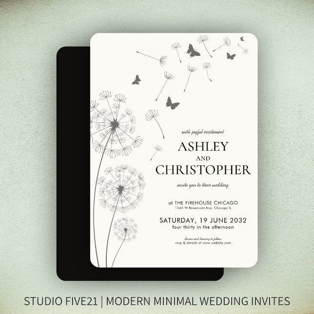 Einfache, moderne Smoke Black Dandelion Wedding Einladung (Von Creator hochgeladen)