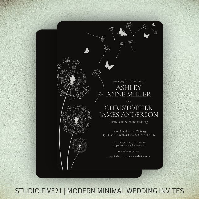 Einfache, moderne Smoke Black Dandelion Wedding Einladung (Von Creator hochgeladen)