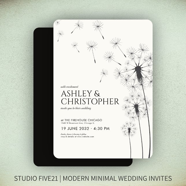 Einfache, moderne Smoke Black Dandelion Wedding Einladung (Von Creator hochgeladen)