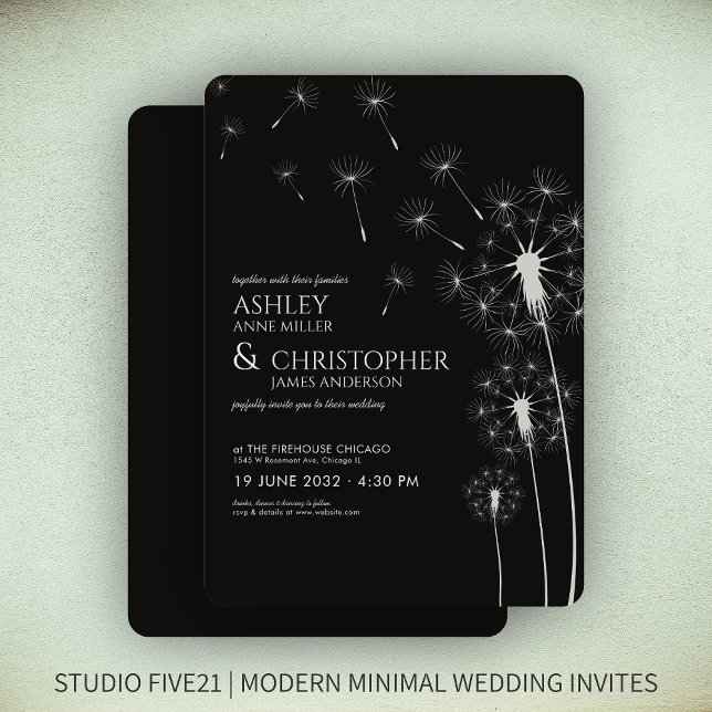 Einfache, moderne Smoke Black Dandelion Wedding Einladung (Von Creator hochgeladen)