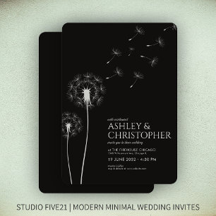 Einfache, moderne Smoke Black Dandelion Wedding Einladung
